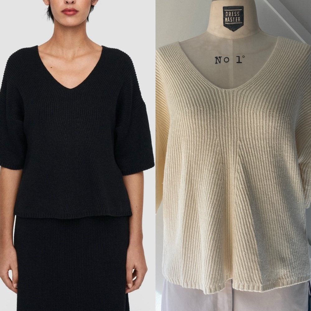 Joseph Linen Blend V Neck Ribbed  Relaxed Fit Top - XS
